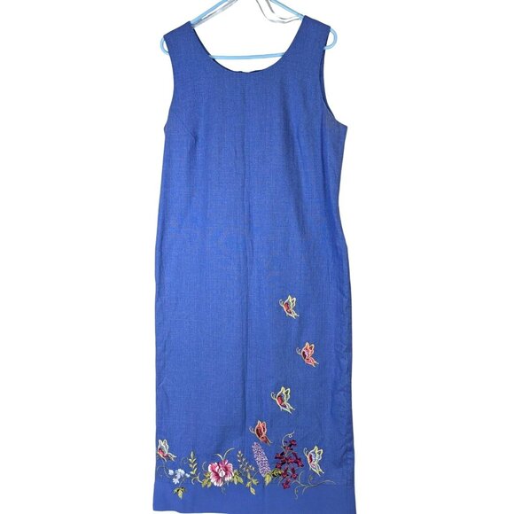 PLAZA SOUTH Women size 14 Vintage Blue Linen Blend Embroidered Butterfly Dress - Picture 1 of 16